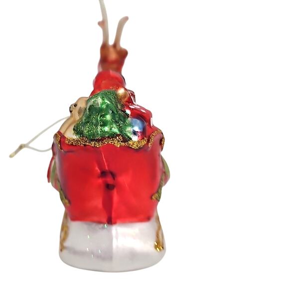 Festive Santa and Reindeer Sleigh Hand Blown Glass Christmas Ornament Glitter - Picture 4 of 5